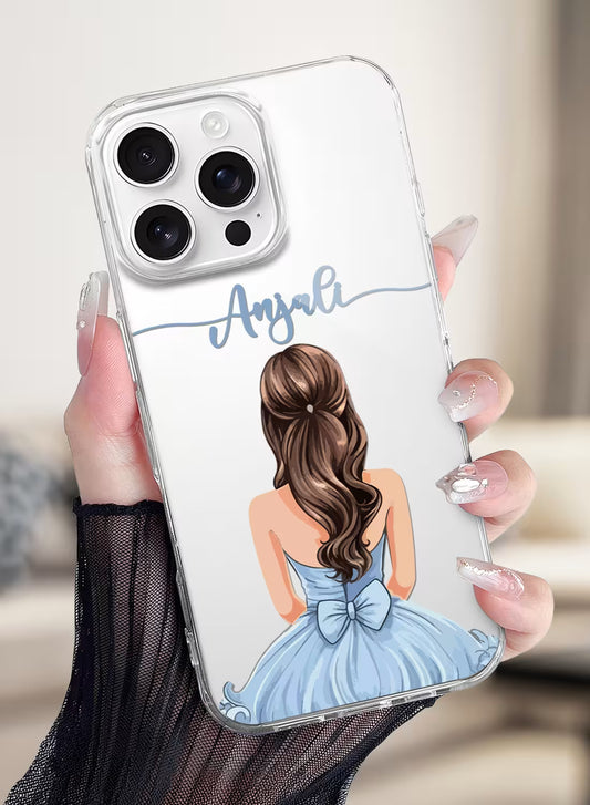 Custom UV-printed clear silicone phone cover with girl in blue gown, wavy hair and script name text design