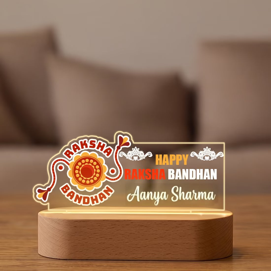 Happy Raksha Bandhan acrylic LED lamp with custom name and festive Rakhi motif