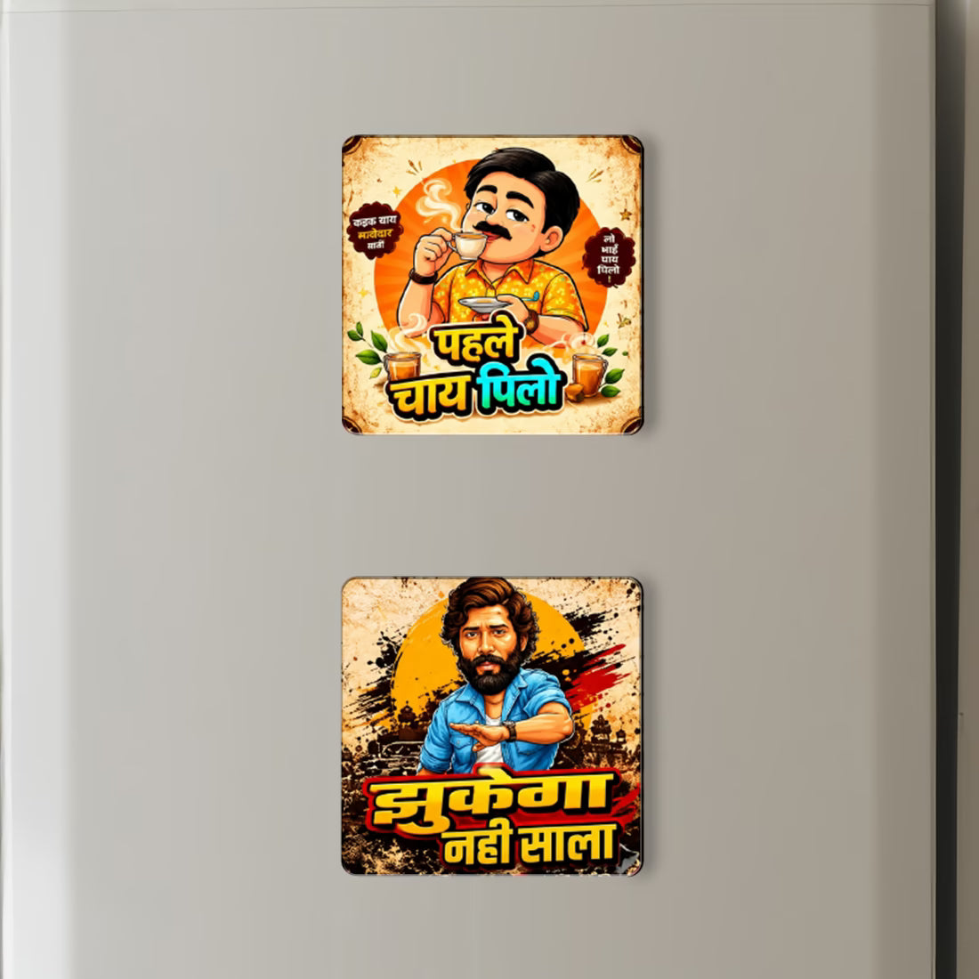 Funny desi MDF fridge magnet set of 2 with Pehle Chai Pilo and Jhukega Nahi Saala Hindi quotes – Fashionury