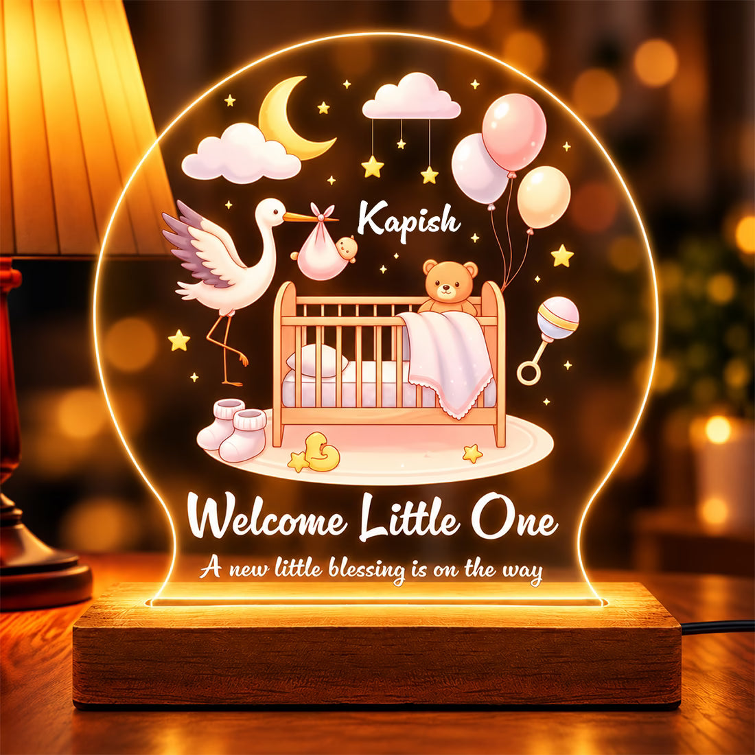 Welcome Little One personalized baby name acrylic LED night lamp with crib and stork design on wooden stand – Fashionury