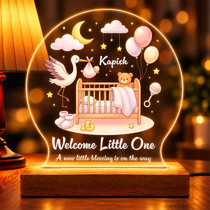 Welcome Little One personalized baby name acrylic LED night lamp with crib and stork design on wooden stand – Fashionury