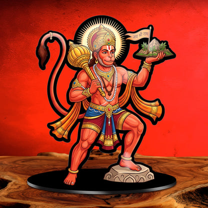 Lord Hanuman acrylic standee with Sanjeevani Parvat and Jai Shri Ram flag on black base – Fashionury