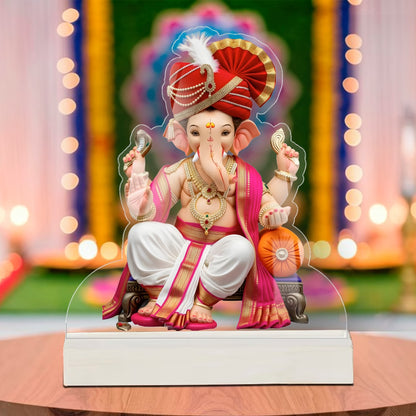 Lord Ganesha Maharaja with red pheta acrylic tabletop frame cut-out design – Ganesh Chaturthi decor by Fashionury