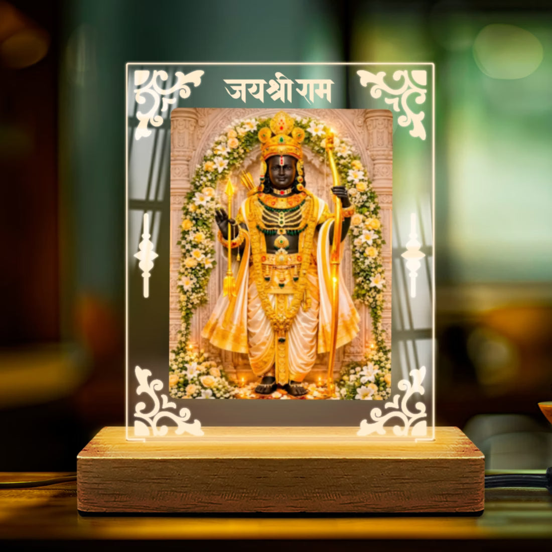 Ram Lalla Ayodhya acrylic LED table lamp with Jai Shri Ram design and warm glow on wooden stand – Fashionury