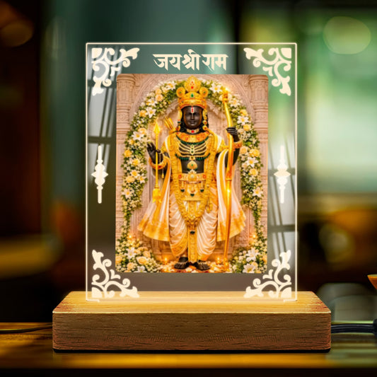 Ram Lalla Ayodhya acrylic LED table lamp with Jai Shri Ram design and warm glow on wooden stand – Fashionury