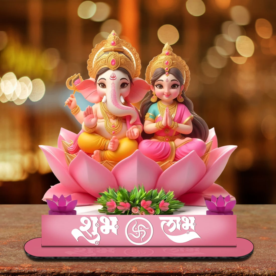Shubh Labh Lakshmi Ganesha MDF standee on pink lotus with cut-out base – Diwali decor by Fashionury