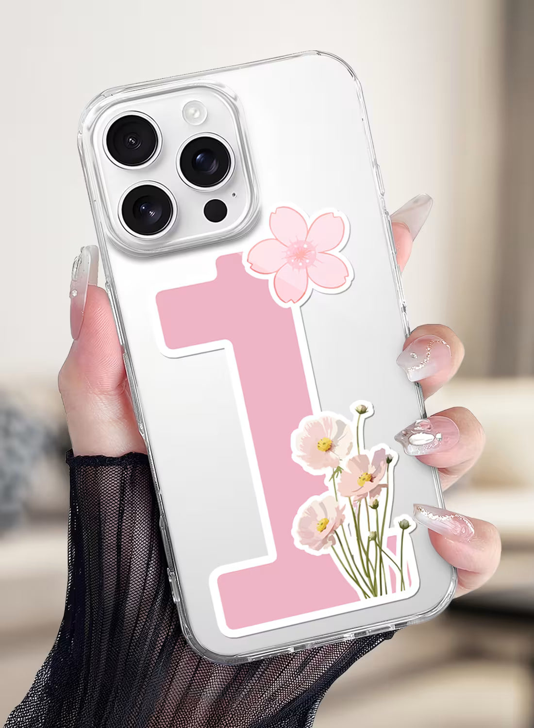 Clear silicone phone cover with pink number 1 and floral blossom design, soft feminine aesthetic print