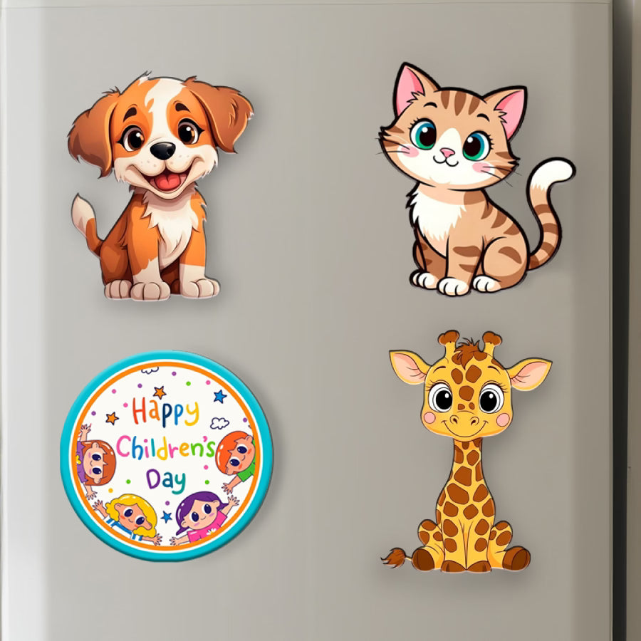 Happy Children's Day MDF fridge magnet set of 4 with puppy, kitty and giraffe cartoon designs – Fashionury