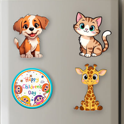 Happy Children's Day MDF fridge magnet set of 4 with puppy, kitty and giraffe cartoon designs – Fashionury