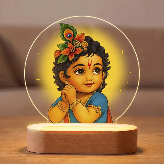 Bal Gopal Little Krishna acrylic LED night lamp with rechargeable wireless wooden base – Janmashtami gift by Fashionury