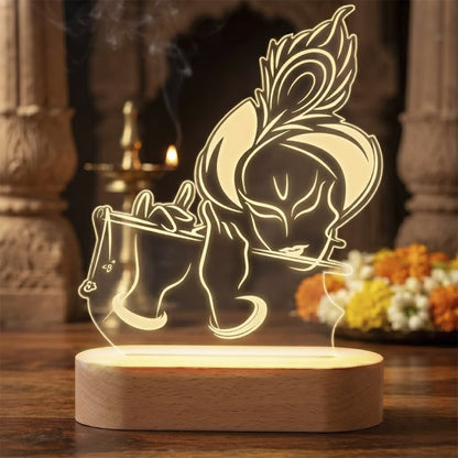 Krishna flute 3D engraved acrylic LED lamp with warm glow and rechargeable wireless wooden base – Fashionury