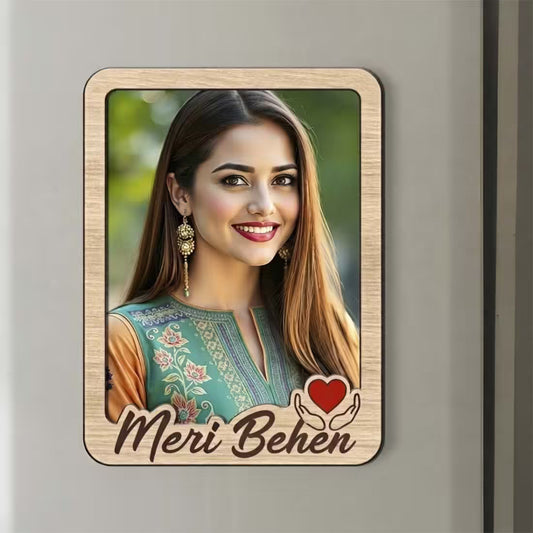 Meri Bhen custom photo wooden fridge magnet with script and red heart accent