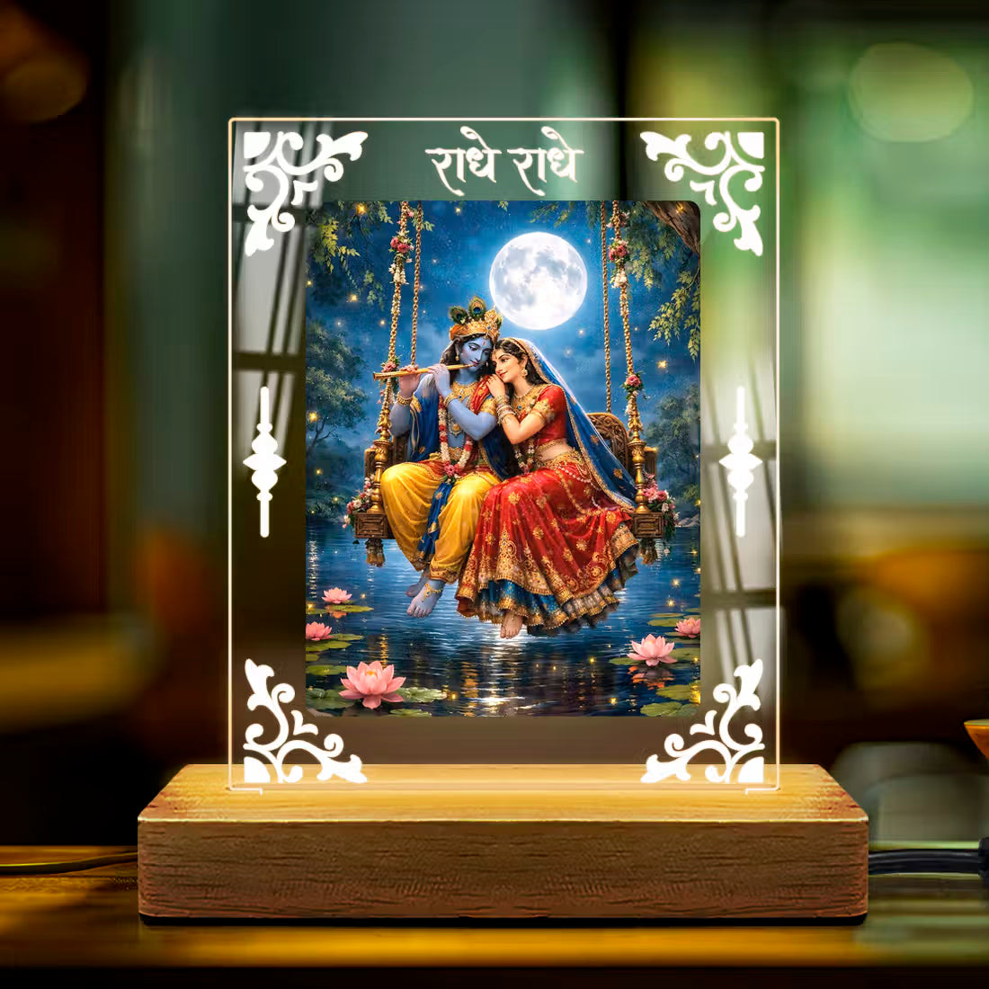 Buy Online Fashionury Acrylic Spiritual Lamp Shree Radha-Krishna Acrylic Led Lamp - Wooden Stand D4