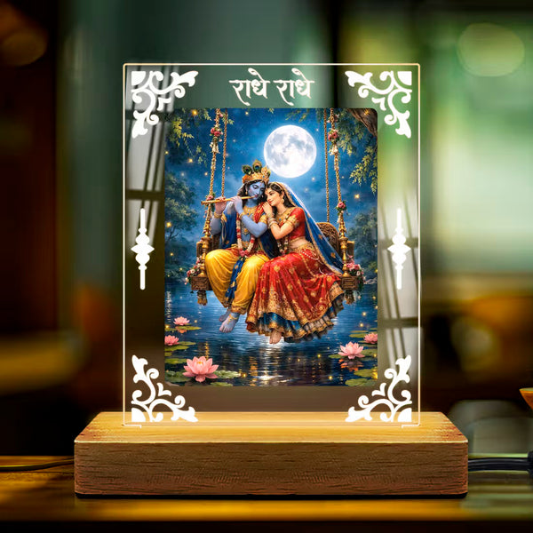 Shree Radha-Krishna Acrylic Led Lamp - Wooden Stand D4
