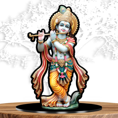 Standing Lord Krishna acrylic standee playing flute with peacock mukut on black base – Fashionury