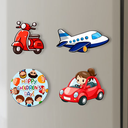 Children's Day vehicle theme MDF fridge magnet set of 4 with scooter, aeroplane and car designs – Fashionury