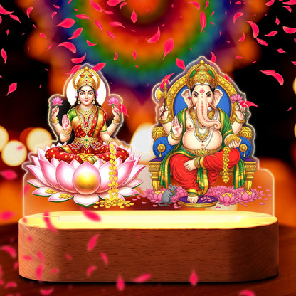 Lakshmi Ganesha acrylic LED lamp with rechargeable wireless wooden base and warm glow – Diwali pooja decor by Fashionury