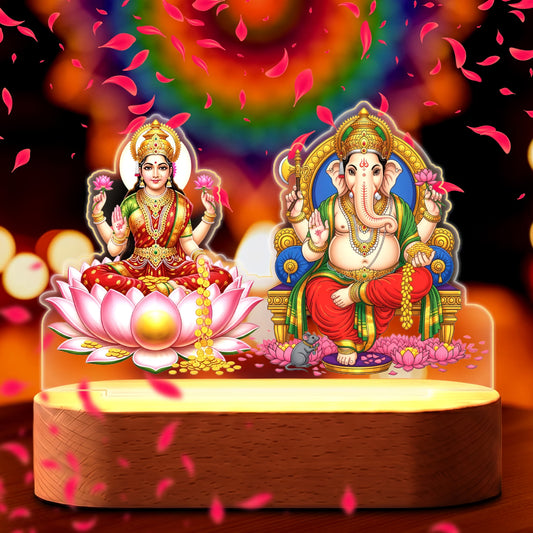 Lakshmi Ganesha acrylic LED lamp with rechargeable wireless wooden base and warm glow – Diwali pooja decor by Fashionury