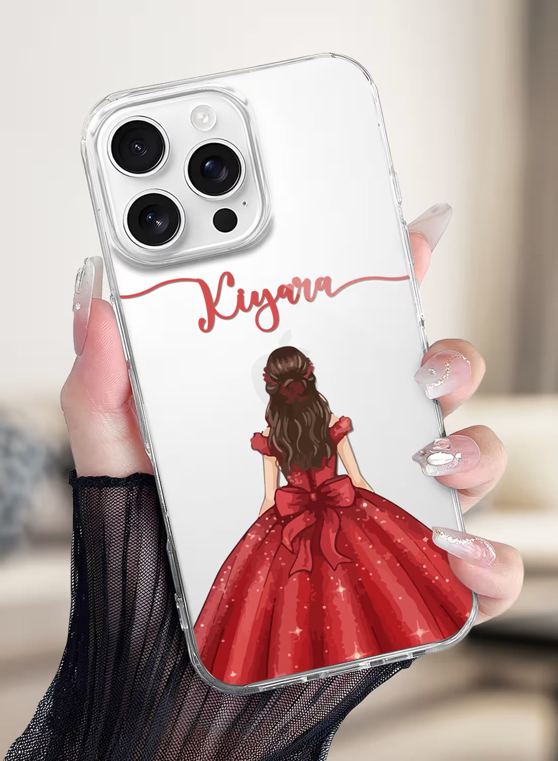 Silicone Mobile Cover with a design of a girl in a red dress and the name 'Kiyara' 