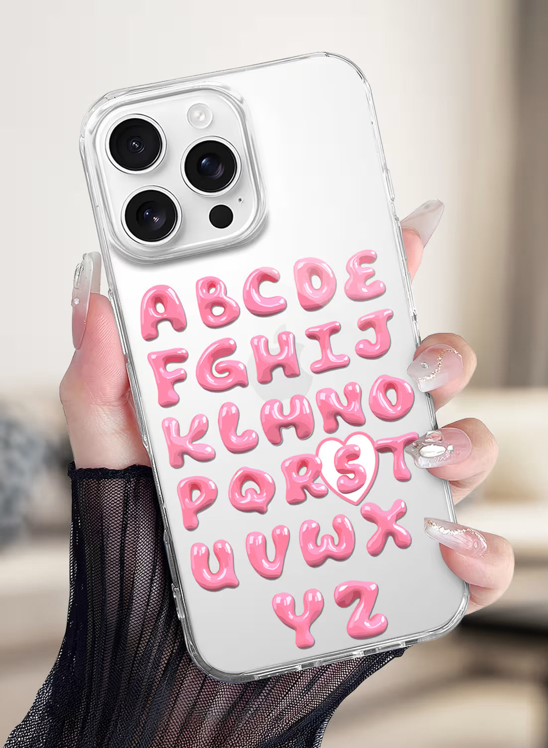 Custom clear silicone phone cover with pink bubble-letter alphabet text design, personalized name print
