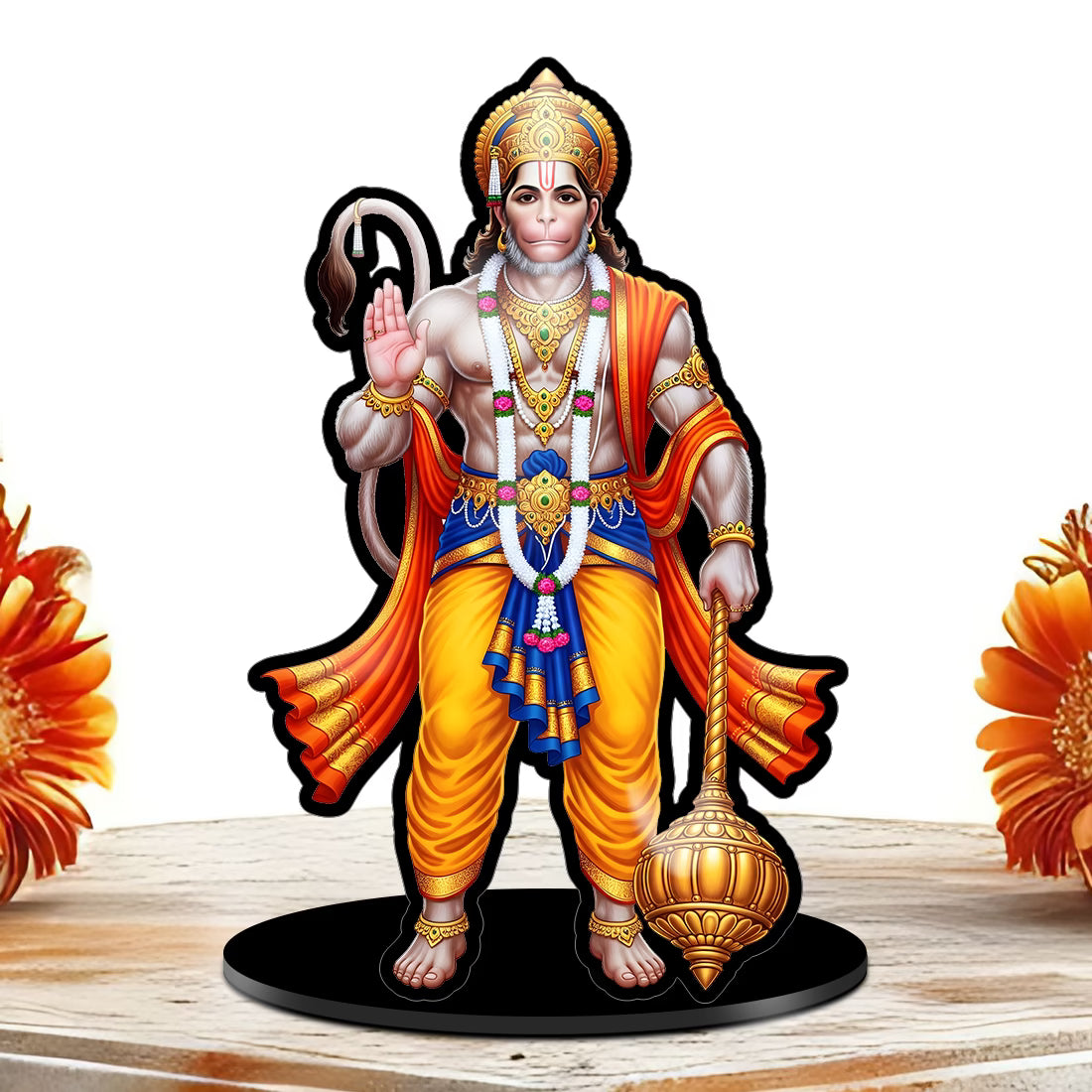 Lord Hanuman acrylic standee in blessing pose with gada and garland on black base – Fashionury