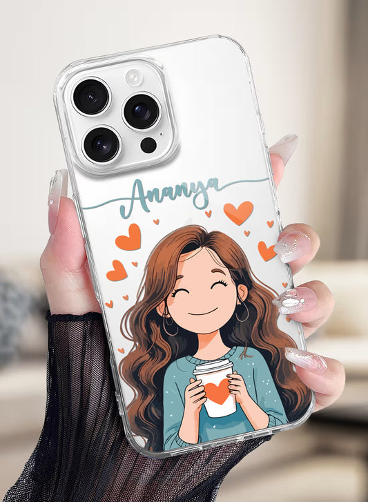 Custom UV-printed clear silicone phone cover with happy girl holding coffee cup, hearts and script name text