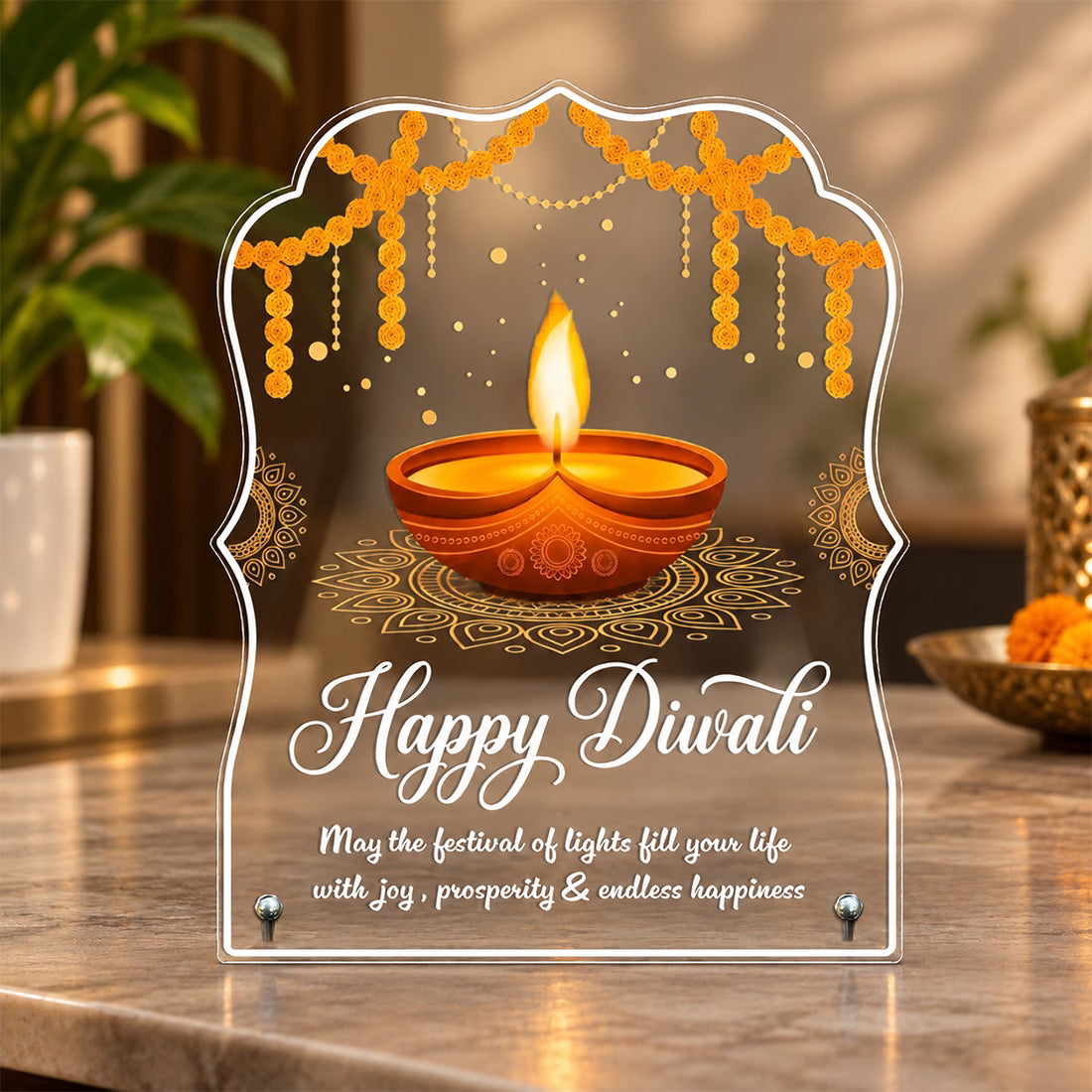 Happy Diwali acrylic tabletop frame with diya, marigold toran and mandala design on metal stand – Fashionury