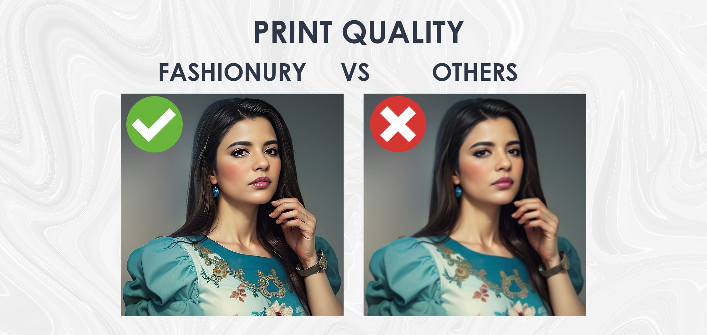 Fashionury Sharp high-definition acrylic photo print quality compared to blurry pixelated standard printing 