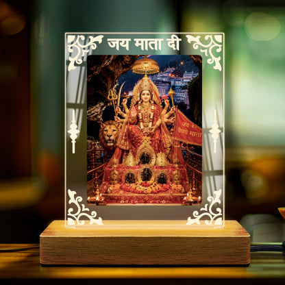 Mata Vaishno Devi acrylic LED table lamp with Jai Mata Di design and warm glow on wooden stand – Fashionury
