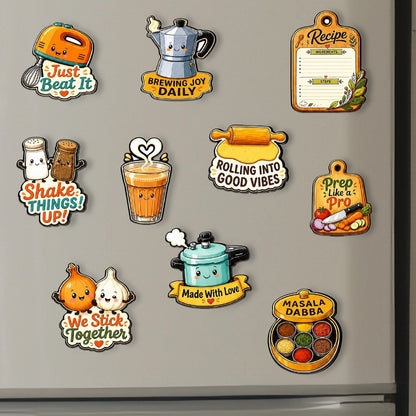 Cute kitchen MDF fridge magnet set of 10 with masala dabba, chai, cooker and quote designs – Fashionury
