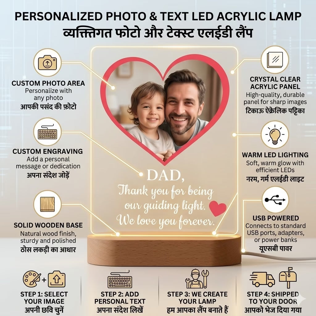 Infographic view of Personalised Dad heart photo acrylic LED lamp with father child portrait and quote