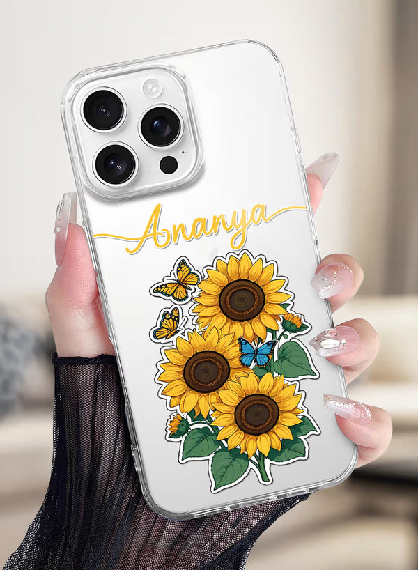 Custom Name Sunflower Butterfly Clear Silicone Phone Cover