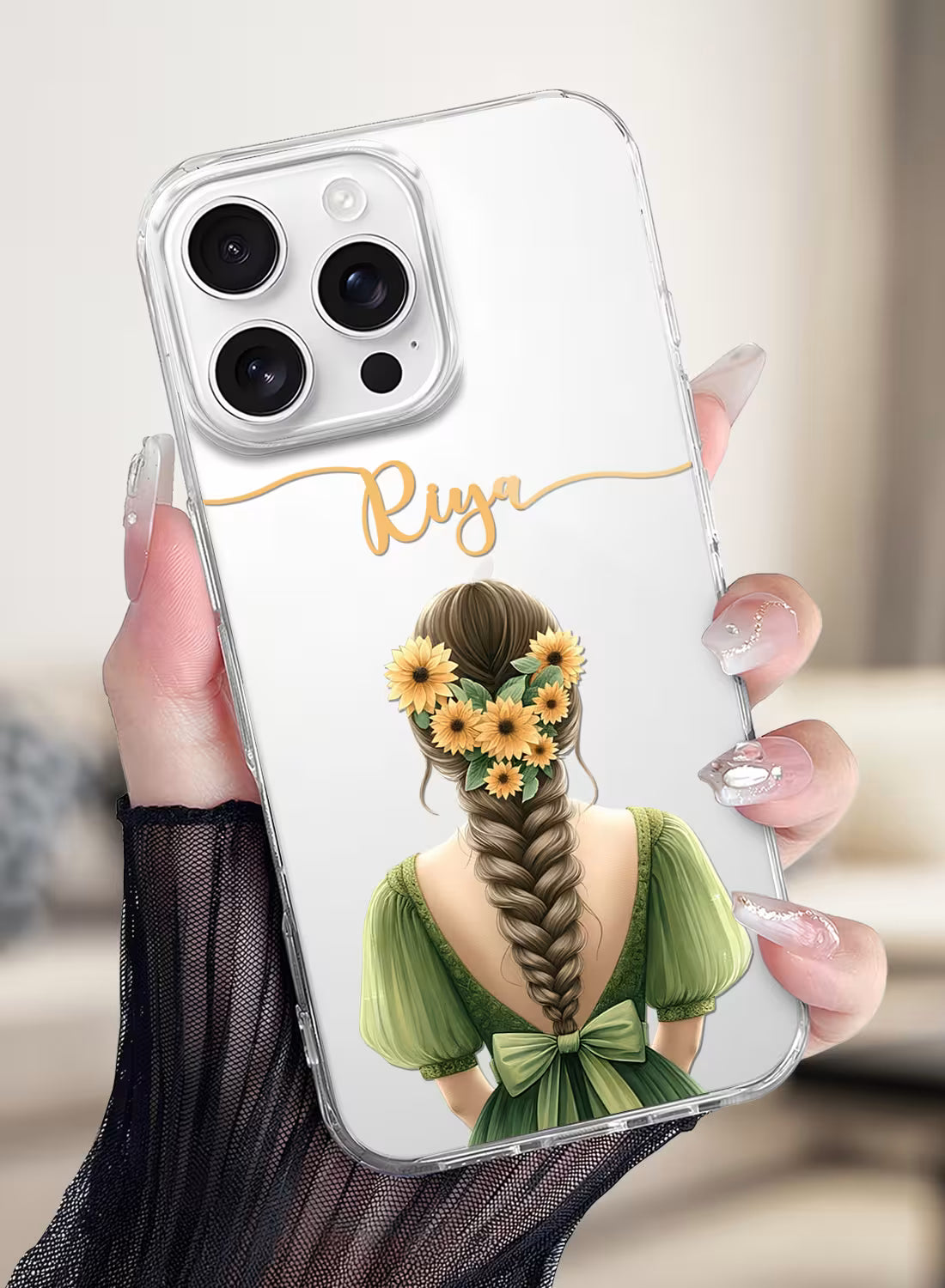 Custom UV-printed clear silicone phone cover with girl in green dress, sunflower braid and script name text design