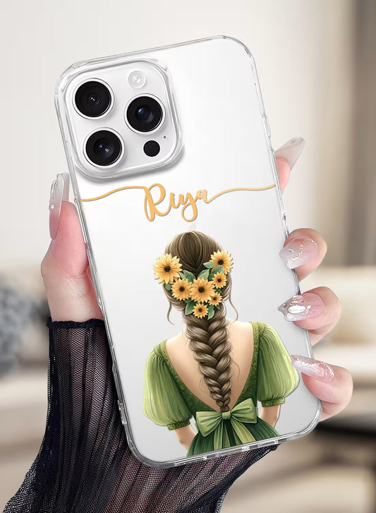 Custom UV-printed clear silicone phone cover with girl in green dress, sunflower braid and script name text design