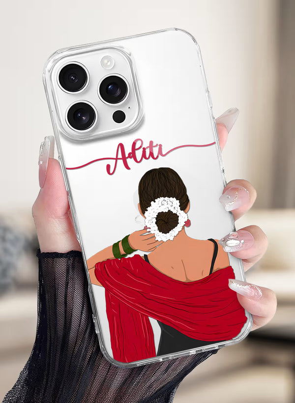 Custom Name Red Saree Girl Clear Silicone Phone Cover Case