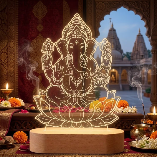 Lord Ganesha on lotus UV printed acrylic LED lamp with warm glow and rechargeable wireless wooden base – Fashionury