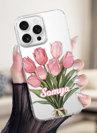 Custom Name Pink Tulips Clear Silicone Phone Cover Case