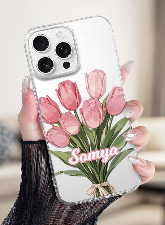 Custom clear silicone phone cover with pink tulip bouquet and personalized script name text design
