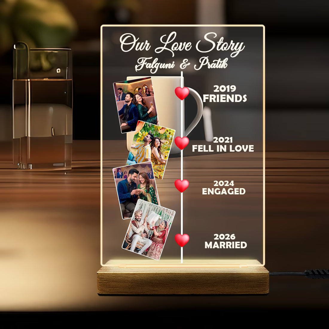 Acrylic love story led photo frame and custom text with wooden base