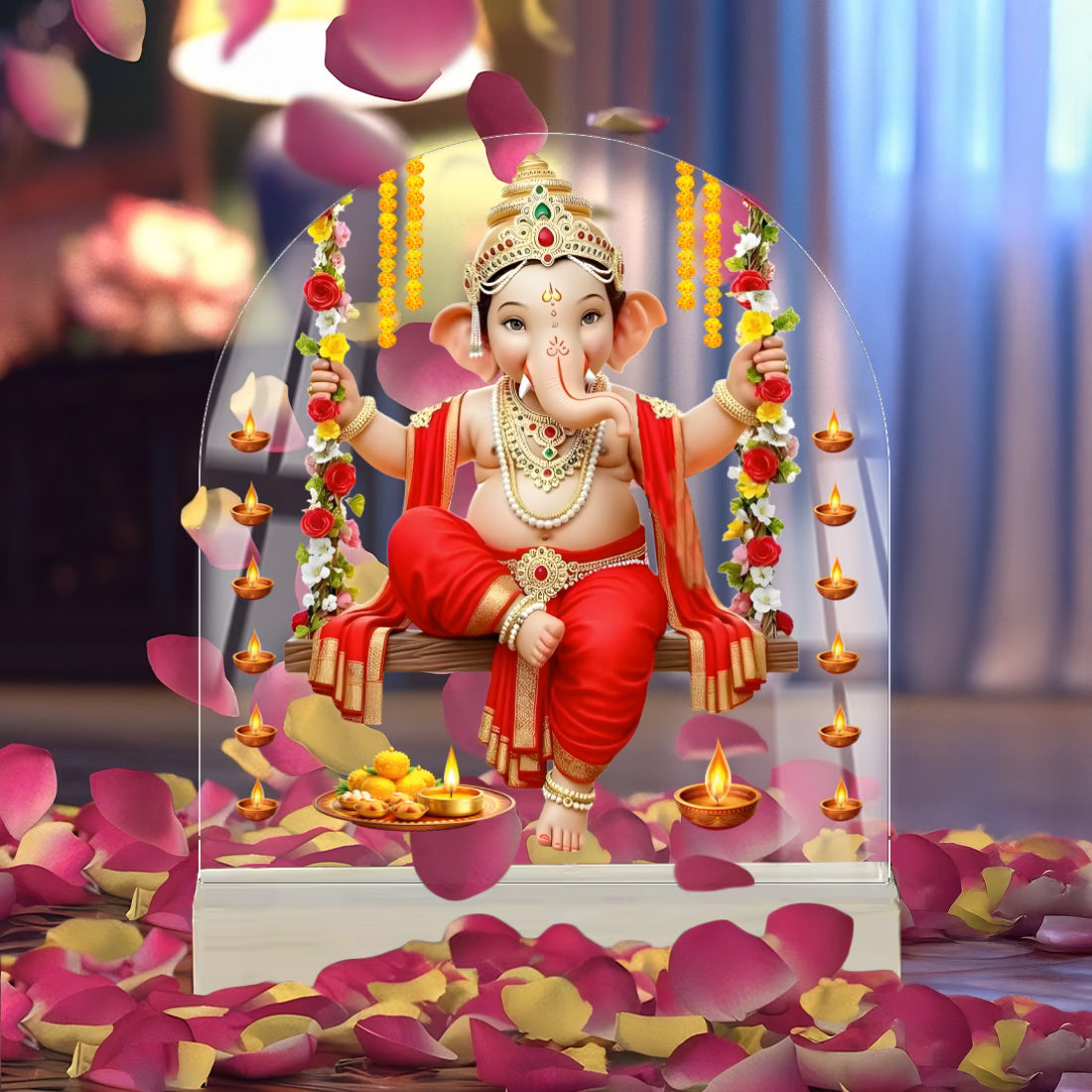 Lord Ganesha on floral swing arch acrylic tabletop frame with wooden base – Ganesh Chaturthi decor by Fashionury