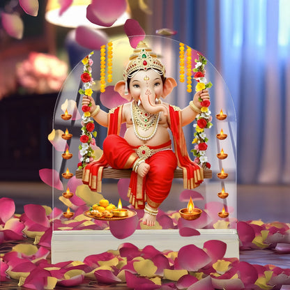 Lord Ganesha on floral swing arch acrylic tabletop frame with wooden base – Ganesh Chaturthi decor by Fashionury