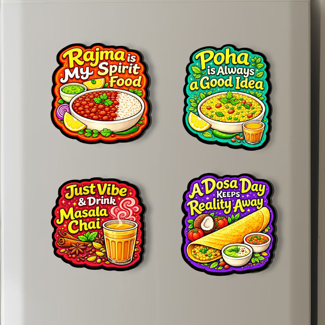 Desi comfort food MDF fridge magnet set of 4 with Rajma, Poha, Masala Chai and Dosa designs – Fashionury