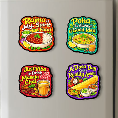 Desi comfort food MDF fridge magnet set of 4 with Rajma, Poha, Masala Chai and Dosa designs – Fashionury