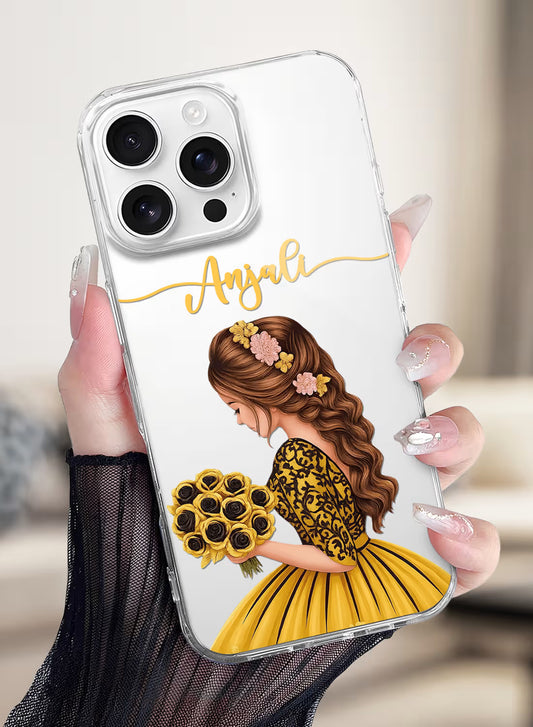 Custom UV-printed clear silicone phone cover with girl in yellow gown holding rose bouquet and script name text