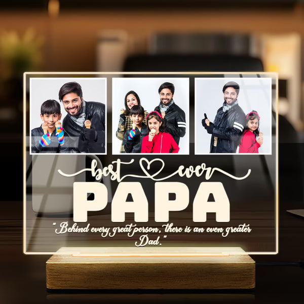 Personalised Best Ever Daddy 3-photo acrylic LED lamp with family pictures on wooden base for Father's Day gift