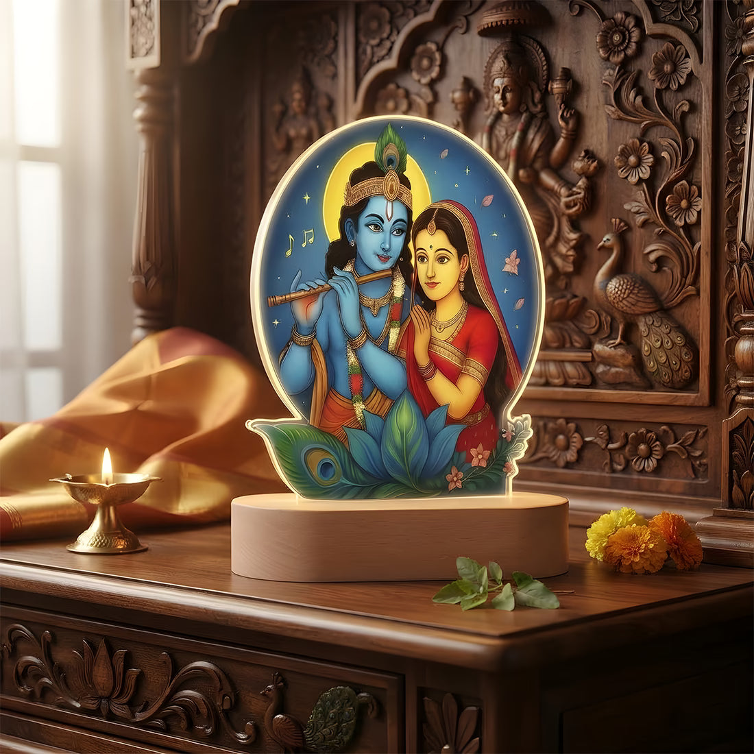 Radha Krishna acrylic LED lamp with rechargeable wireless wooden base and warm glow – spiritual gift by Fashionury