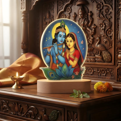 Radha Krishna acrylic LED lamp with rechargeable wireless wooden base and warm glow – spiritual gift by Fashionury