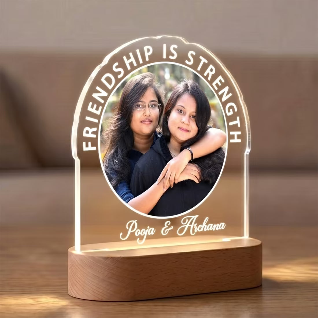 Side Angle Friendship Is Strength acrylic LED lamp with bestie photo and custom names