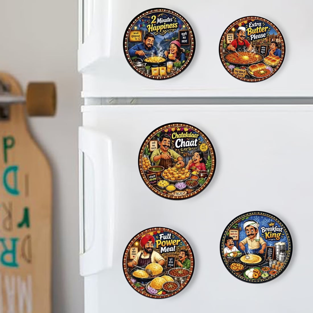 Indian street food MDF fridge magnet set of 5 with Maggi, Pav Bhaji, Chaat, Chole Bhature and Dosa designs – Fashionury