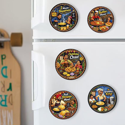 Indian street food MDF fridge magnet set of 5 with Maggi, Pav Bhaji, Chaat, Chole Bhature and Dosa designs – Fashionury